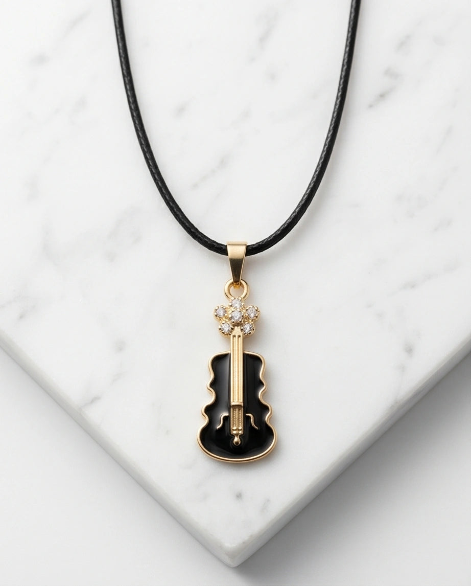 Gold and Black Enamel Violin Necklace