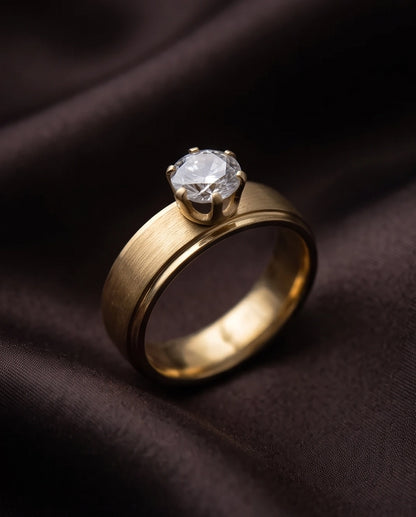 Gold Round Gemstone Brushed Solitaire Ring