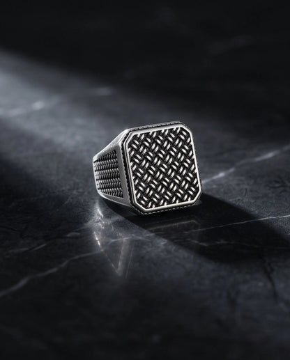 Oxidized Silver Basketweave Square Signet Ring