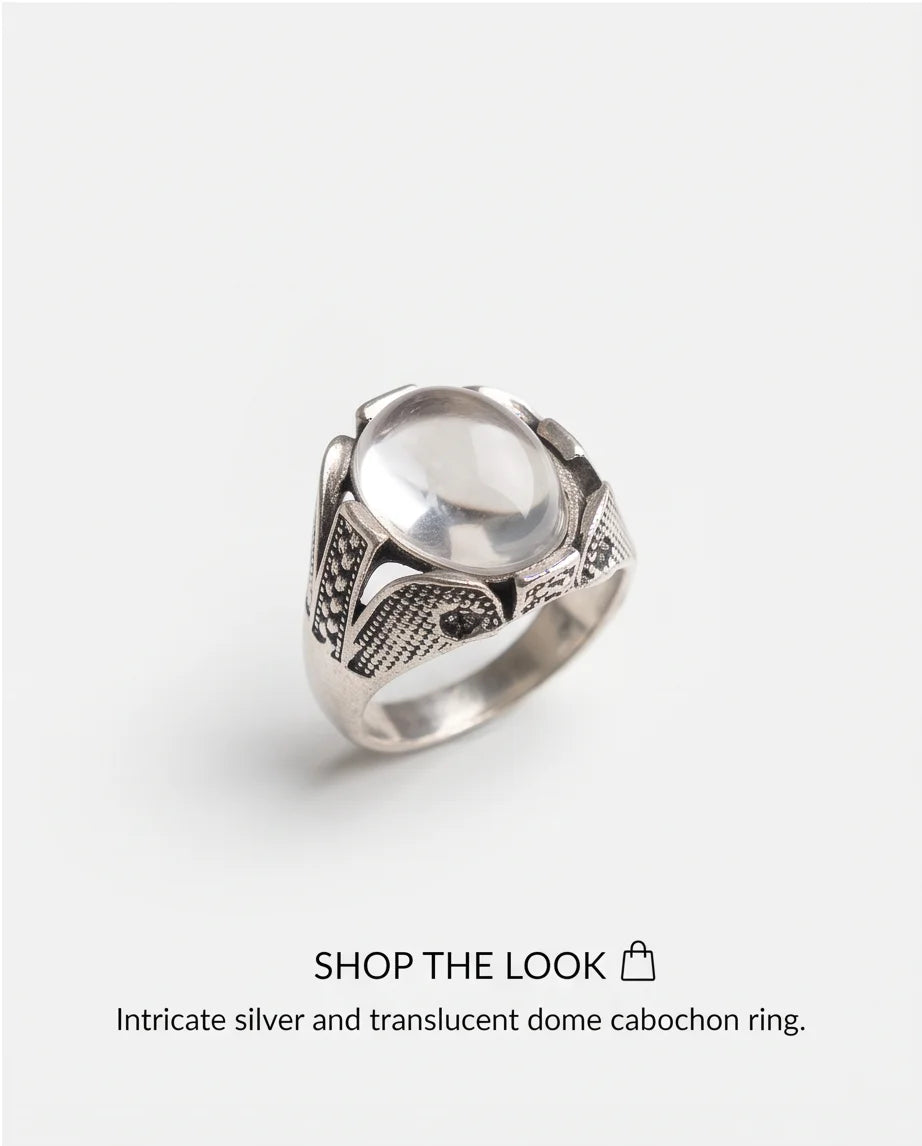 Lunar Cabochon Textured Signet Ring