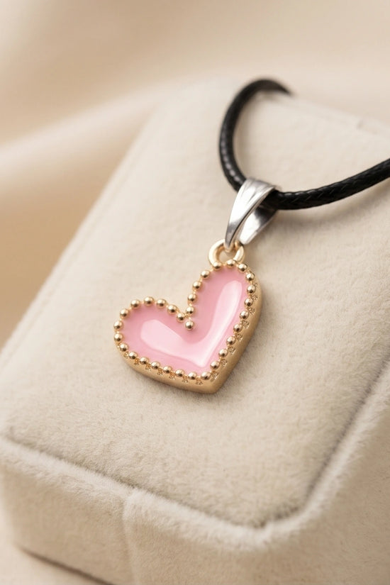 Pink Beaded-Edge Heart Enamel Pendant Necklace