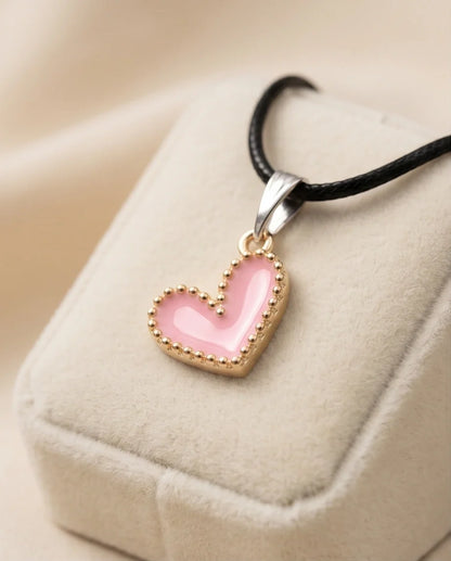 Pink Beaded-Edge Heart Enamel Pendant Necklace