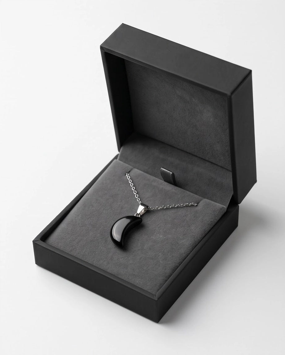 Silver Black Obsidian Crescent Moon Pendant Necklace