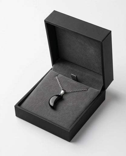 Silver Black Obsidian Crescent Moon Pendant Necklace