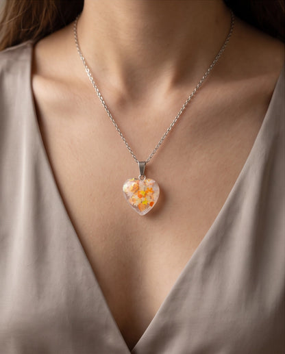 Silver Peach Orange Glitter Heart Resin Pendant Necklace