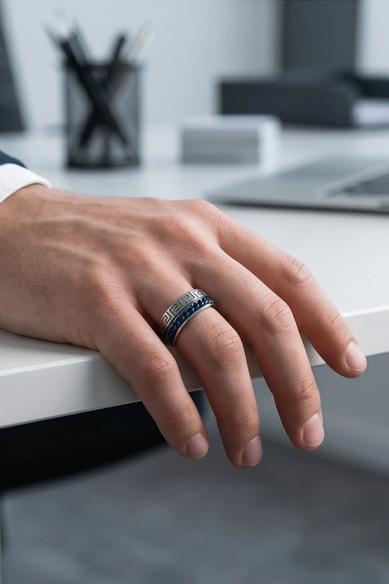 Modern Greek Key Blue Chain Spinner Ring