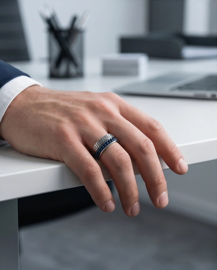 Modern Greek Key Blue Chain Spinner Ring