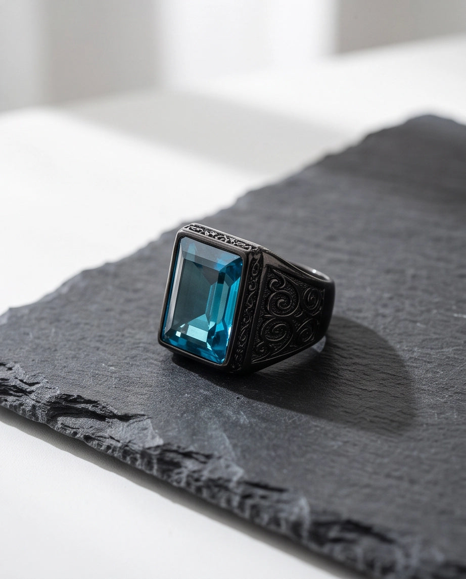 Jet Black Emerald-Cut Onyx Geometric Architectural Silver Ring