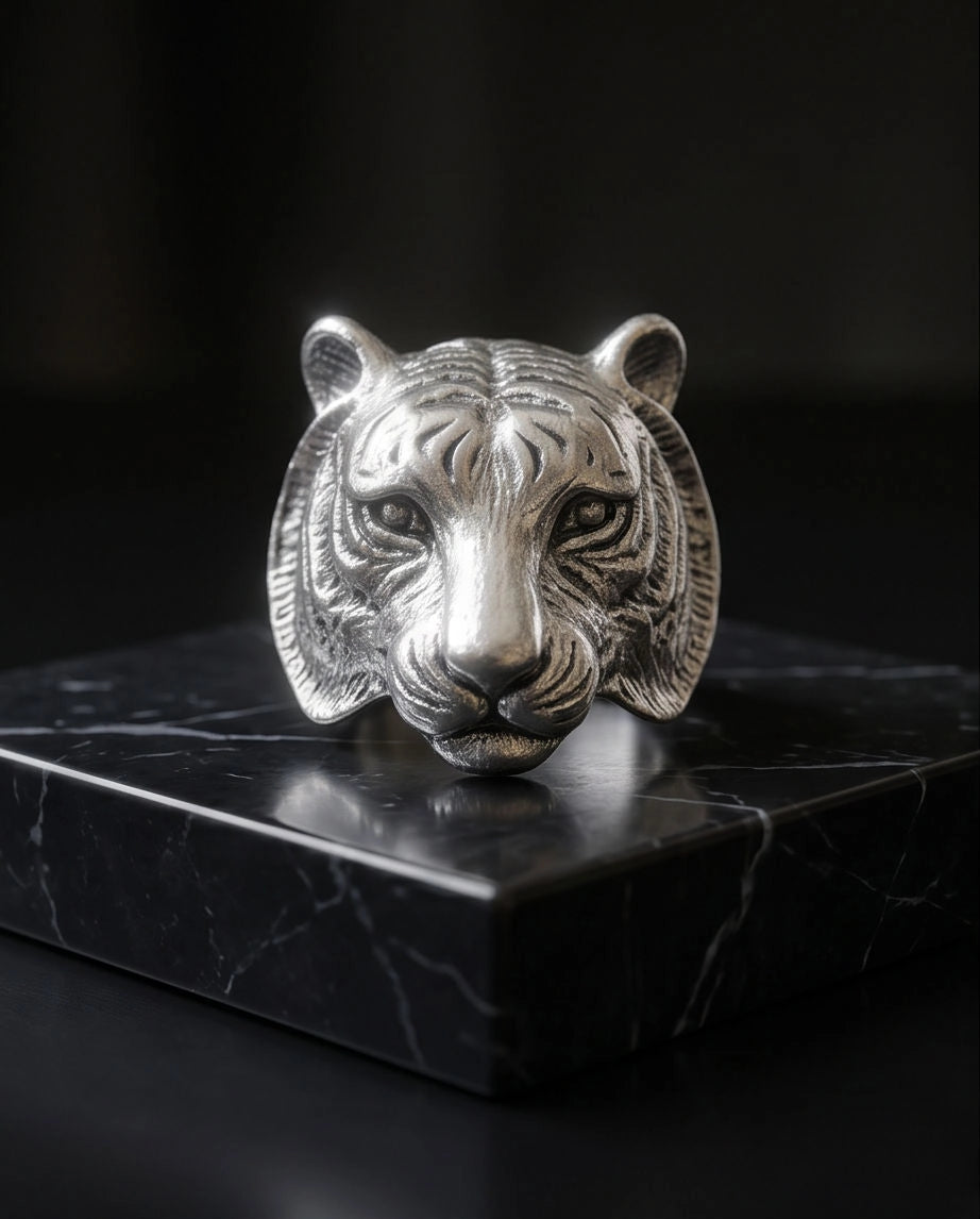 Oxidized Silver Sculpted Tiger Signet Ring