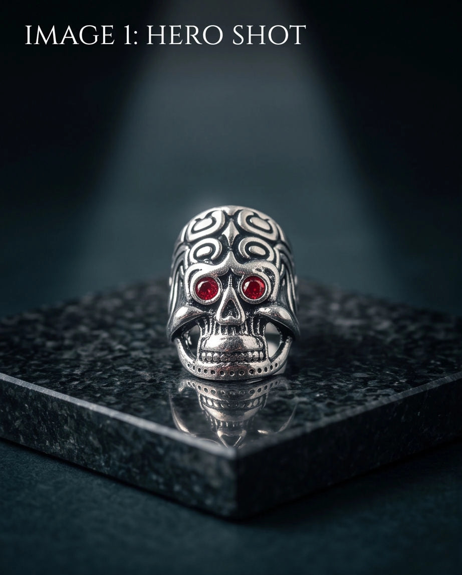 Crimson-Eyed Tribal Ornament Skull Ring