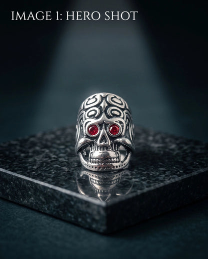 Crimson-Eyed Tribal Ornament Skull Ring