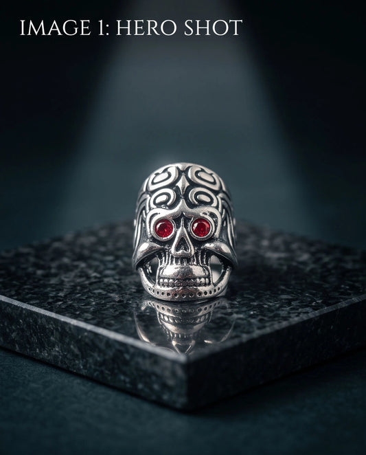 Crimson-Eyed Tribal Ornament Skull Ring