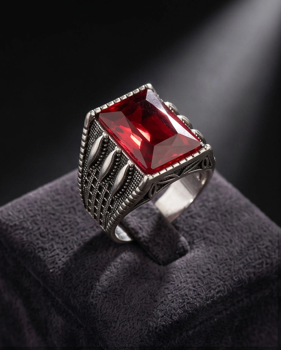 Oxidized Silver Emerald-Cut Garnet Textured Signet Ring