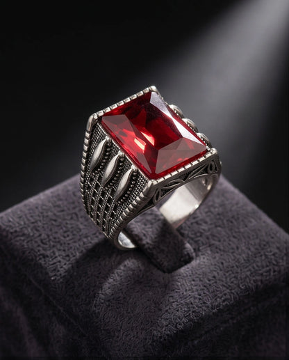 Oxidized Silver Emerald-Cut Garnet Textured Signet Ring
