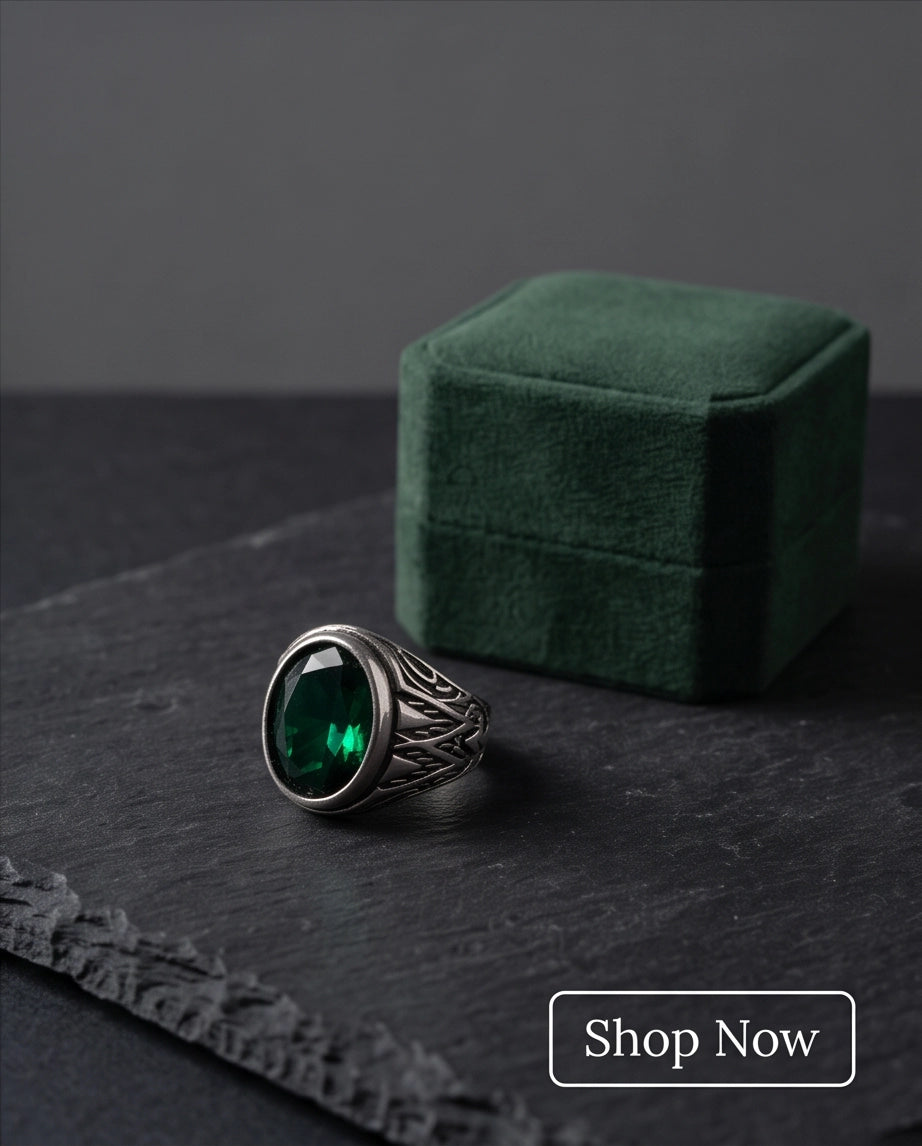 Emerald Gemstone Smooth Bezel Tribal Wing Silver Ring