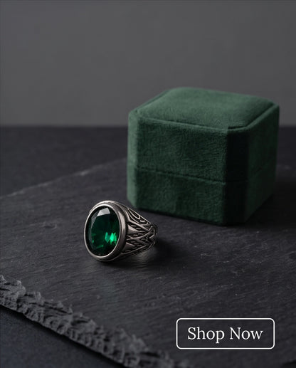 Emerald Gemstone Smooth Bezel Tribal Wing Silver Ring