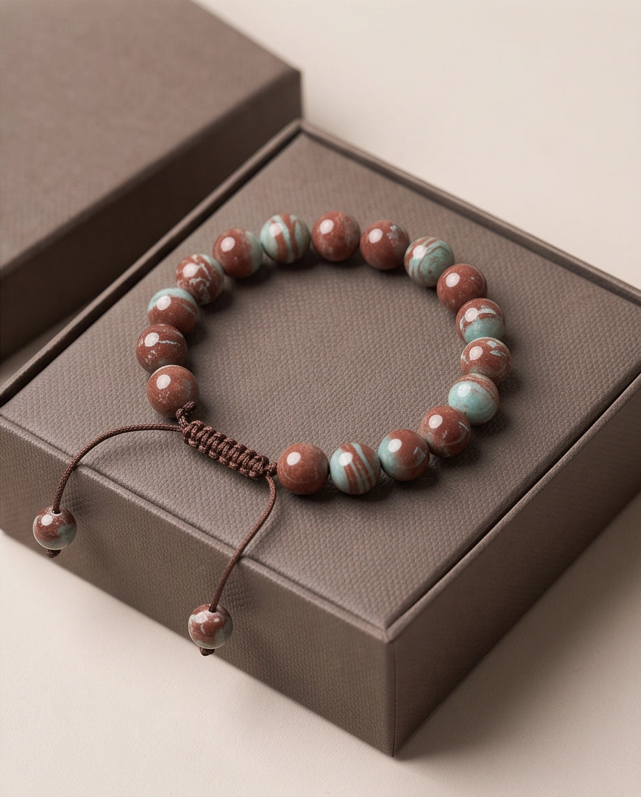 Earthy Rust & Teal Two-Tone Stone Beaded Adjustable Macrame Bracelet