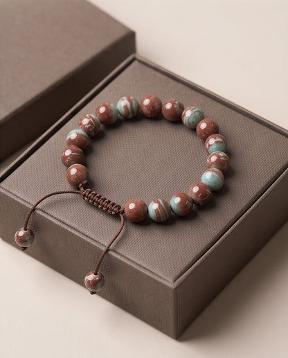 Earthy Rust & Teal Two-Tone Stone Beaded Adjustable Macrame Bracelet