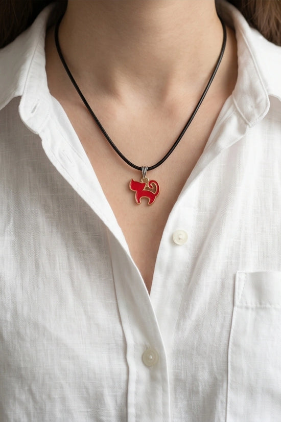 Gold and Red Cat Pendant Necklace