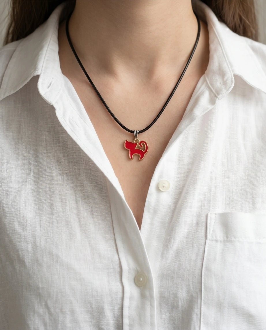 Gold and Red Cat Pendant Necklace