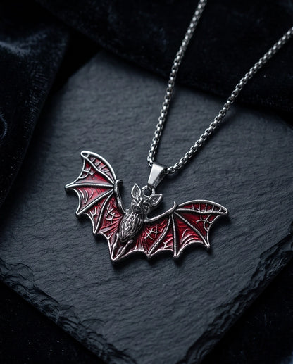 Silver Red Enamel Flying Bat Pendant Necklace