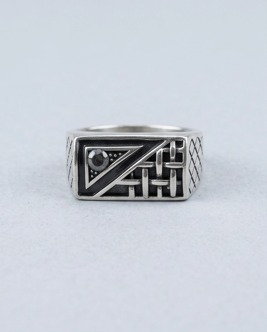 Black Gemstone Geometric Basket-Weave Signet Silver Ring