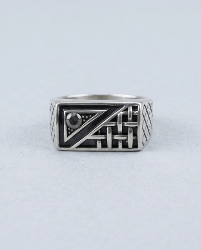 Black Gemstone Geometric Basket-Weave Signet Silver Ring