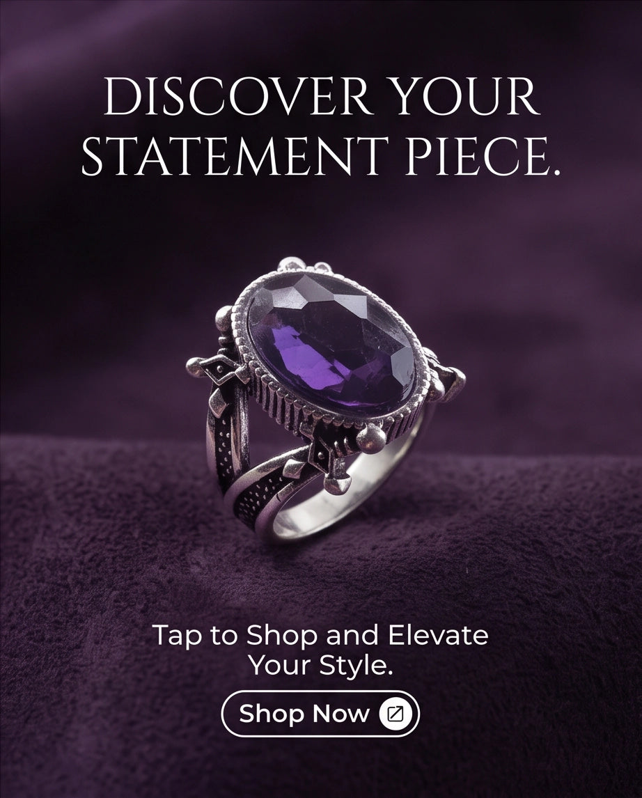 Amethyst Gemstone Fluted Bezel Sword-Cross Silver Ring