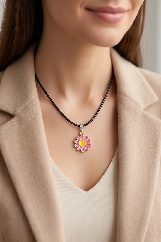 Pink Daisy Flower Enamel Pendant Choker Necklace