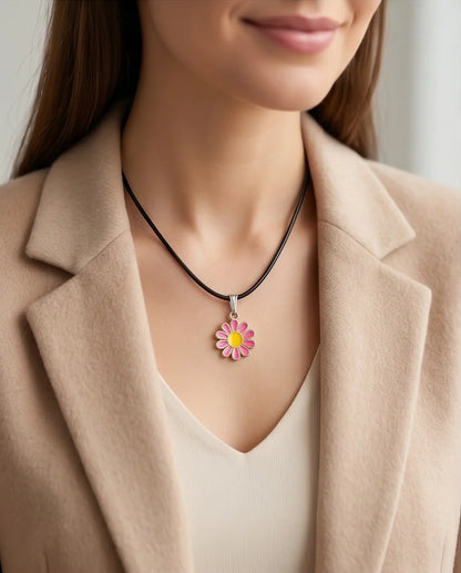 Pink Daisy Flower Enamel Pendant Choker Necklace