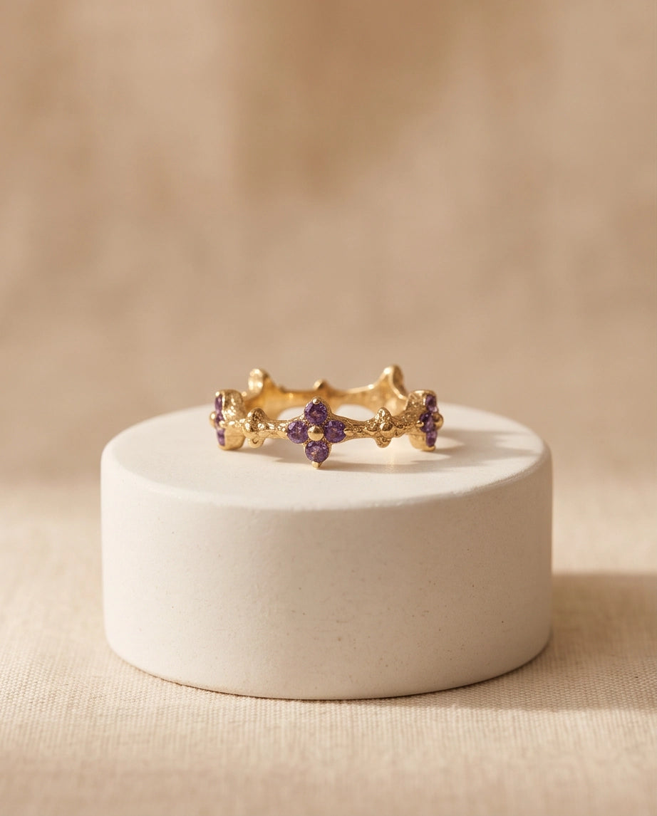 Gold Textured Floral Purple Gemstone Eternity Ring