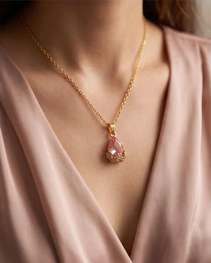 Gold Pink Teardrop Floral Basket Pendant Necklace