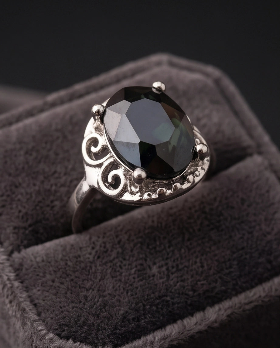 Silver Oval Onyx Filigree Solitaire Ring