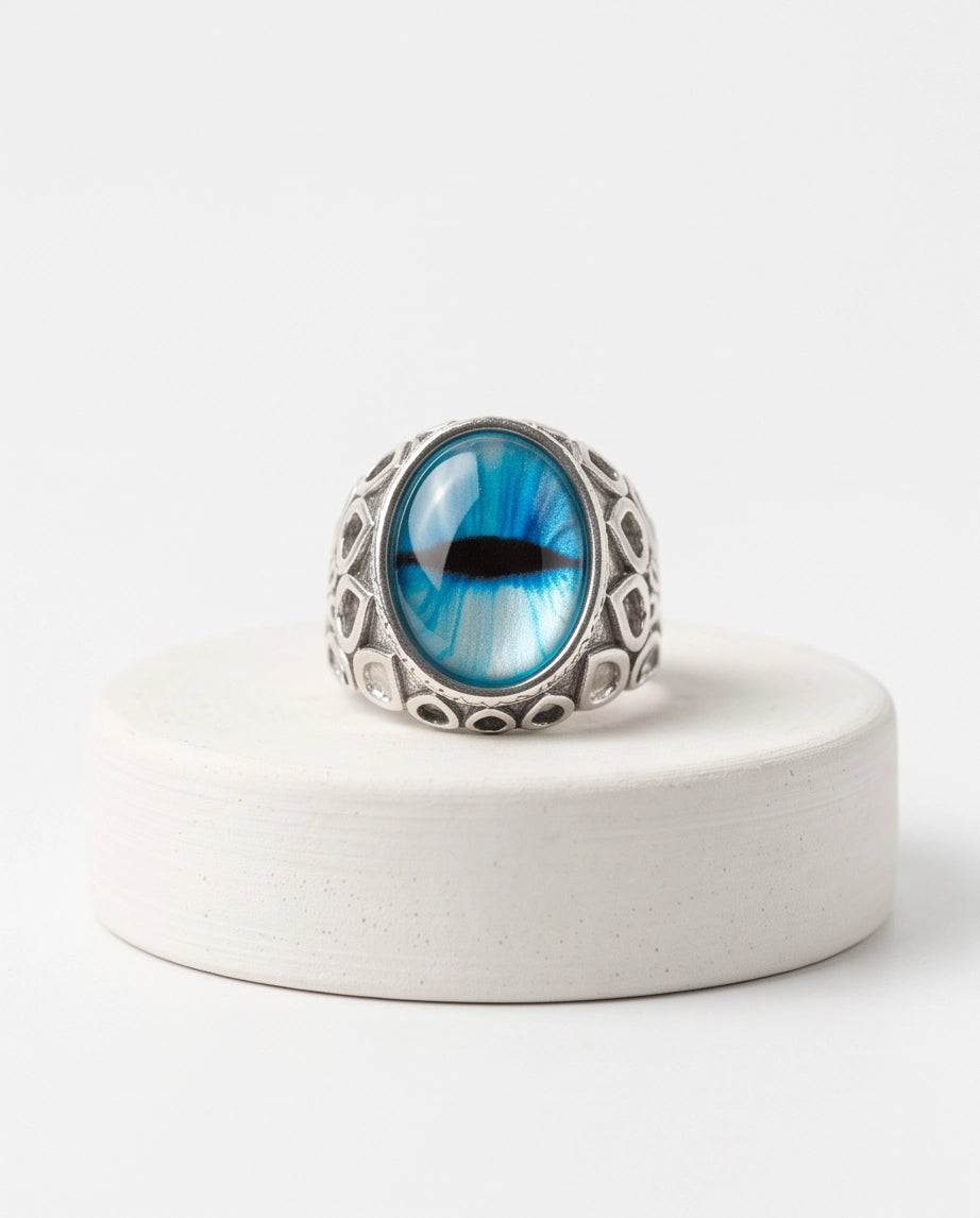 Azure Teardrop Filigree Slit-Pupil Silver Ring