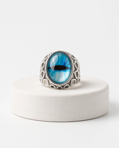 Azure Teardrop Filigree Slit-Pupil Silver Ring