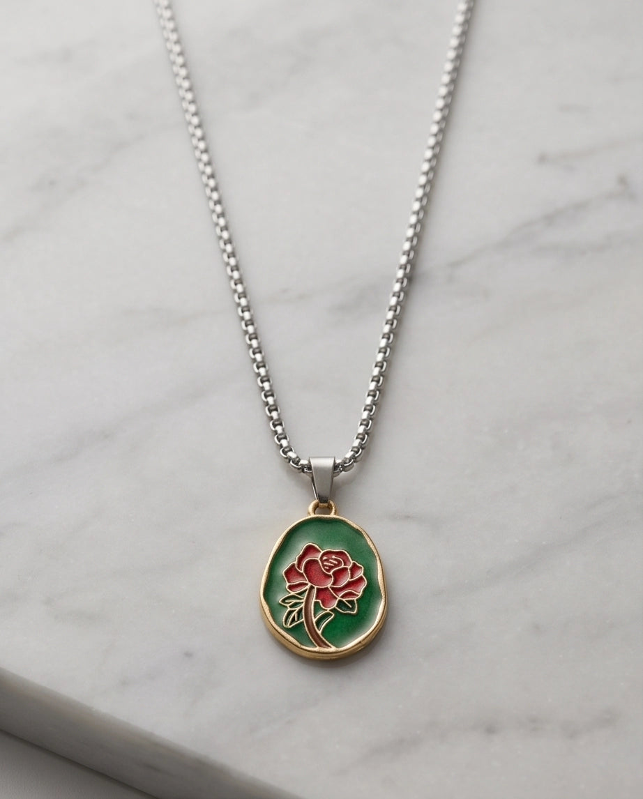 Gold Red Rose Enamel Medallion Chain Necklace
