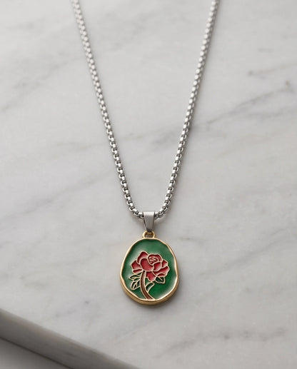 Gold Red Rose Enamel Medallion Chain Necklace