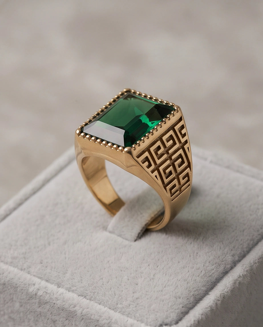 Emerald Cut Beaded-Rim Greek Key Gold Ring