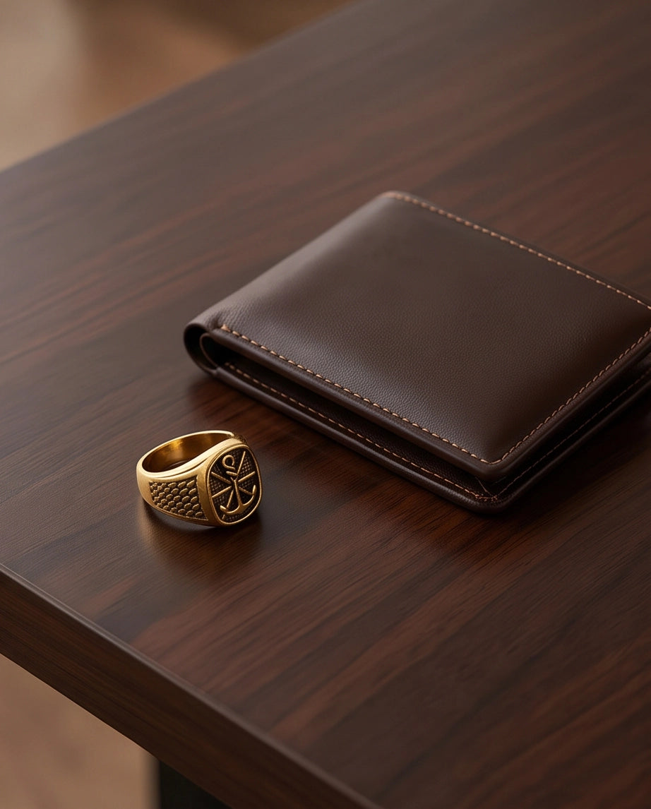 Anchor Sunburst Cushion Gold Signet Ring