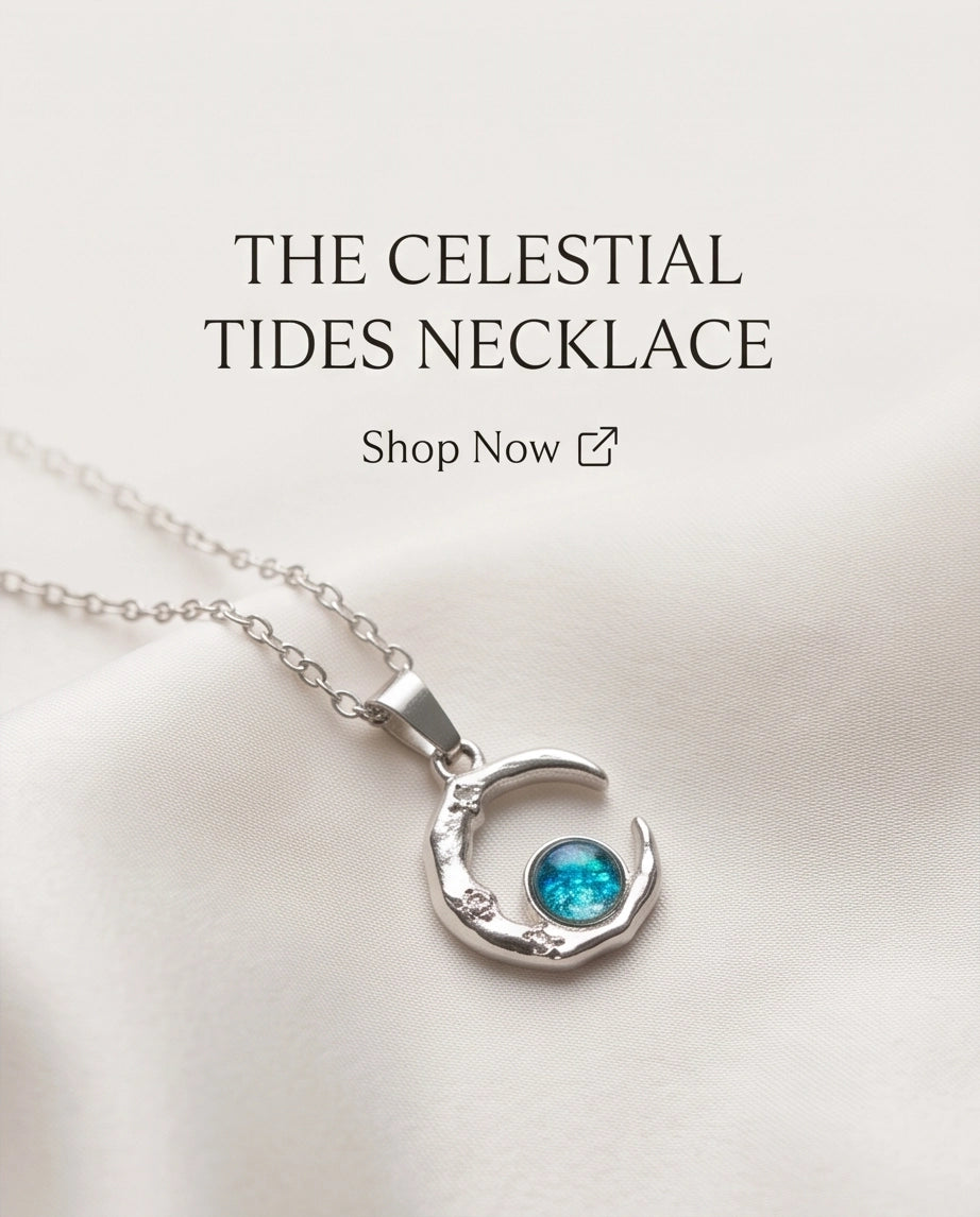 Silver Hammered Crescent Moon Blue Opal Orb Pendant Necklace