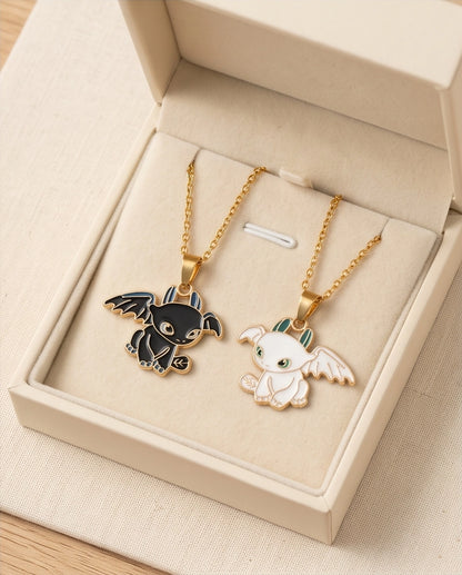 Gold Dragon Couple Enamel Pendant Necklace Set