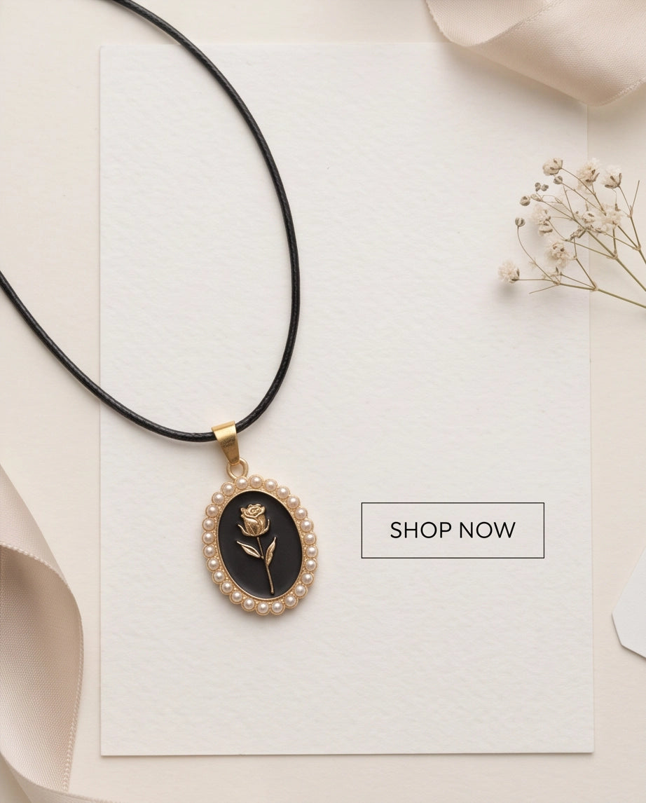 Gold Pearl Frame Black Enamel Rose Oval Pendant Necklace