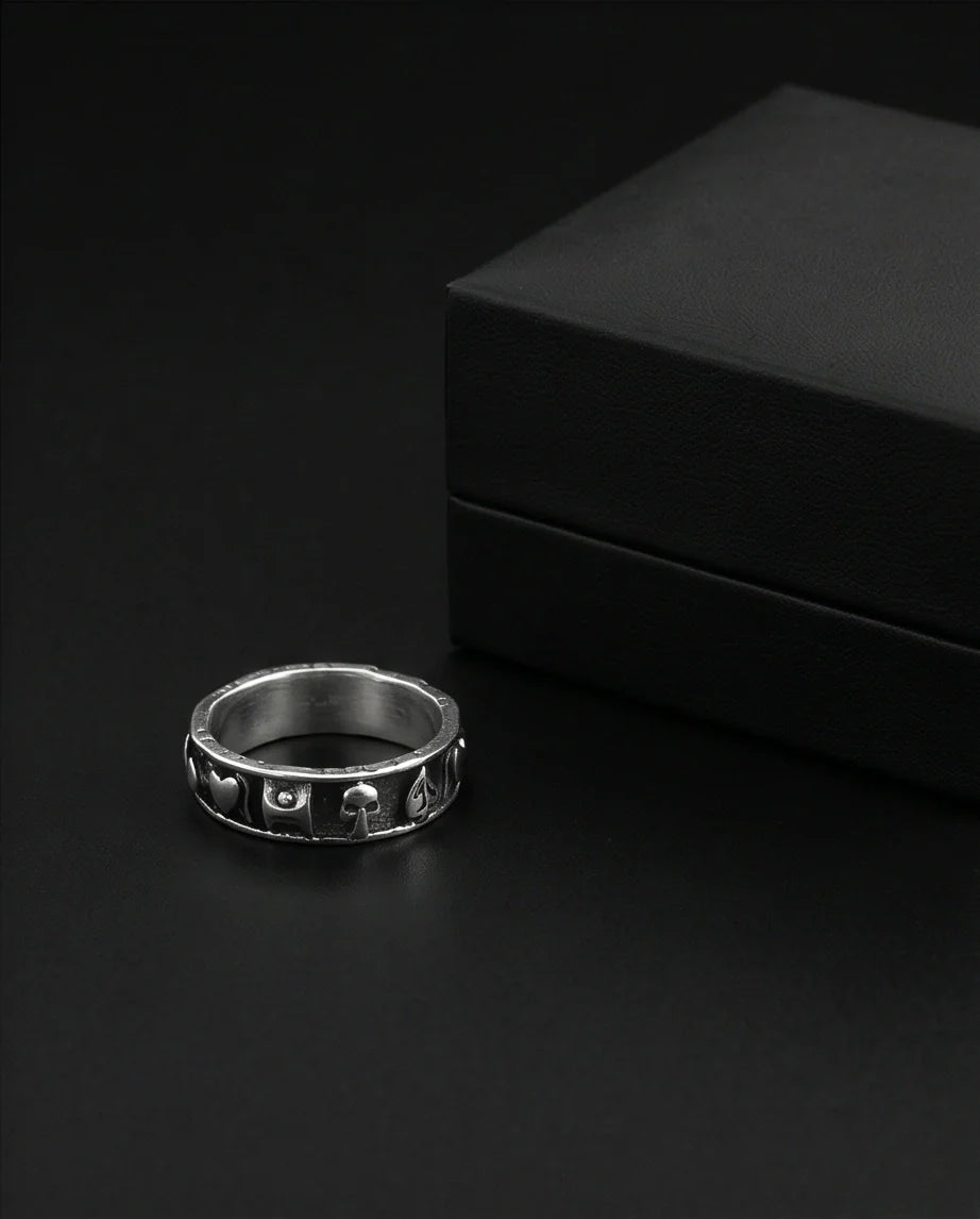 Gothic Sterling Silver Skull and Card Suits Band Ring