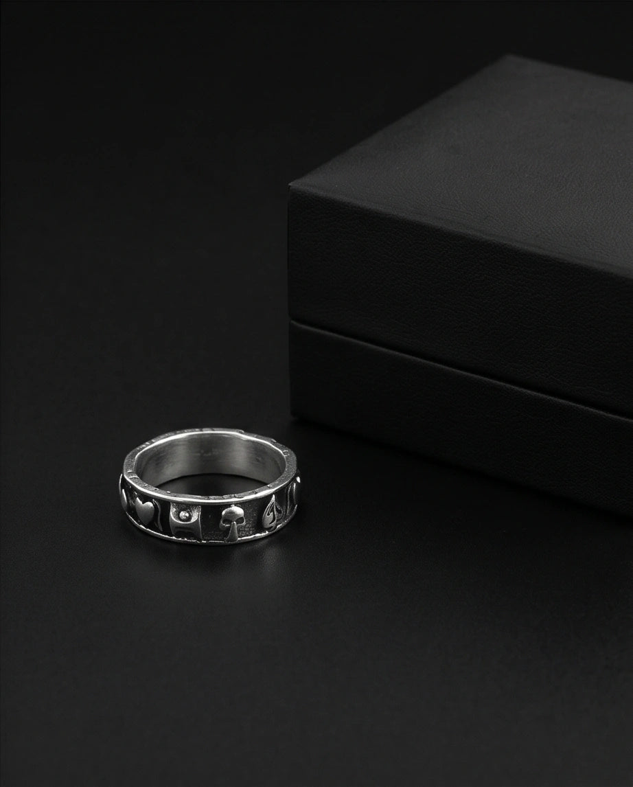 Gothic Sterling Silver Skull and Card Suits Band Ring