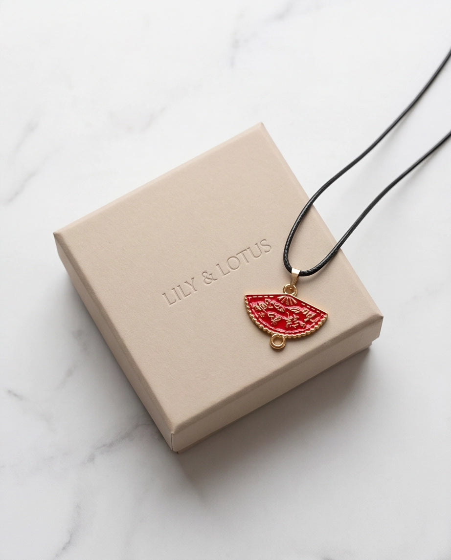 Crimson Calligraphy Fan Pendant Necklace
