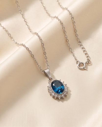 Silver London Blue Oval Halo Medallion Pendant Necklace