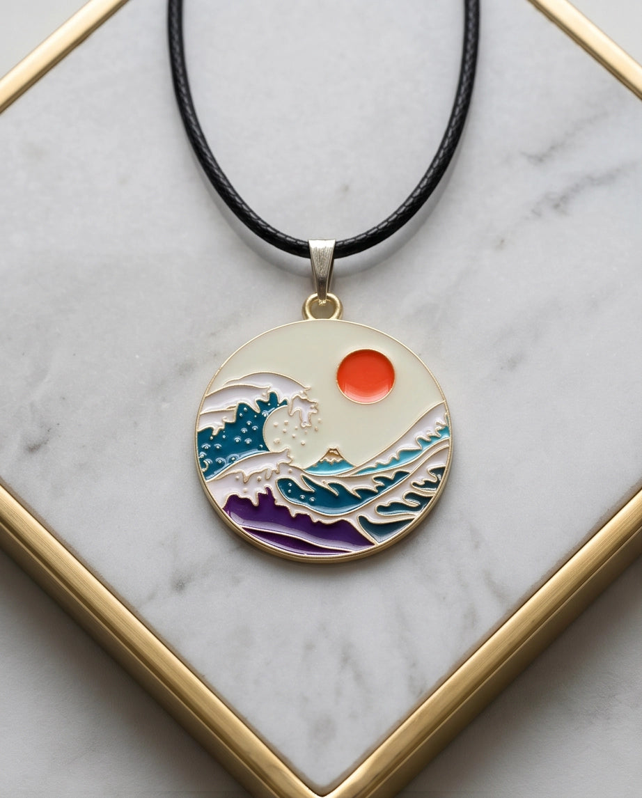 Great Wave & Sun Medallion Pendant Necklace