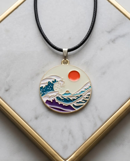 Great Wave & Sun Medallion Pendant Necklace