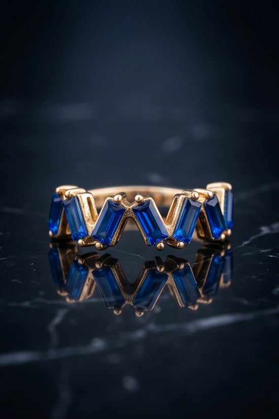 Gold Plated Blue Sapphire Baguette Zigzag Ring