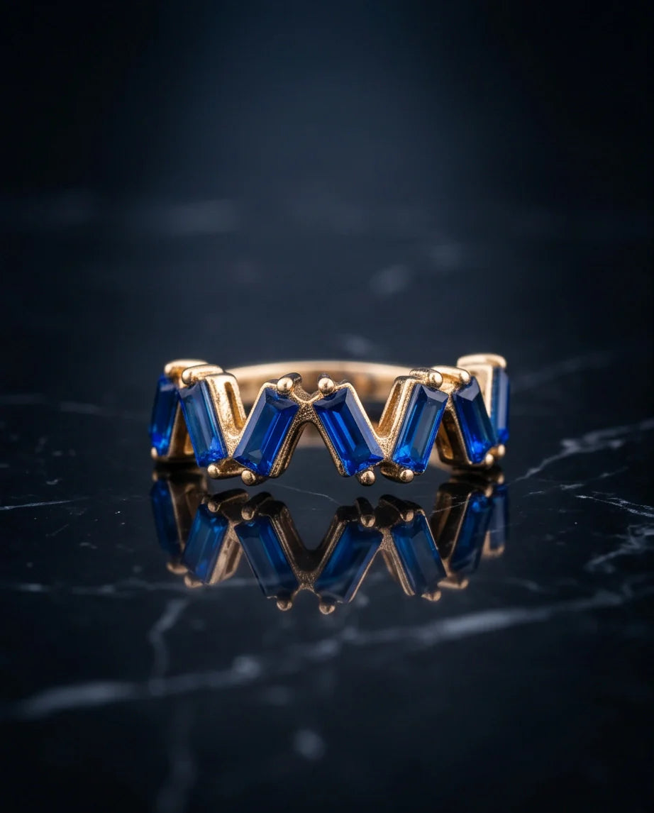 Gold Plated Blue Sapphire Baguette Zigzag Ring